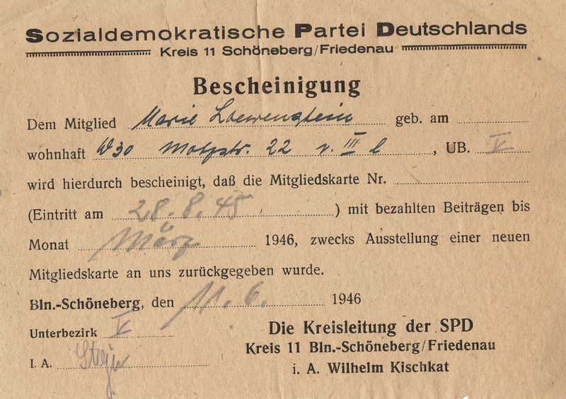 Social Democratic Party Certificate of Membership