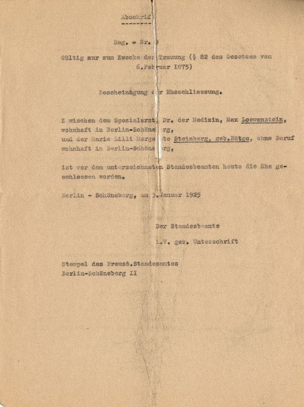 Transcript of Max Loewenstein and Marie Steinberg&#039;s Marriage Certificate Record