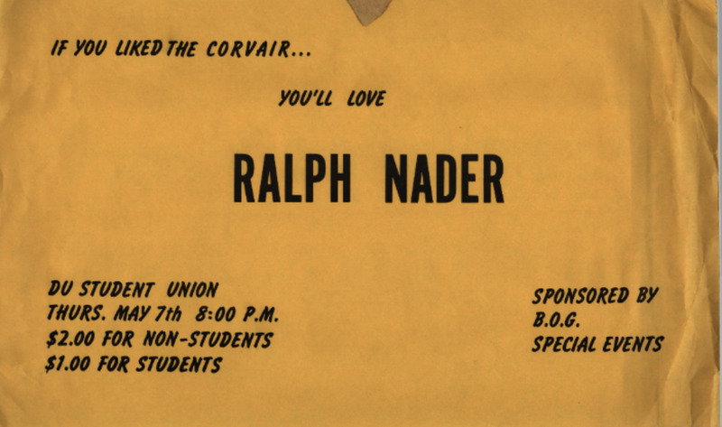 Promotional sign for Ralph Nader talk 
