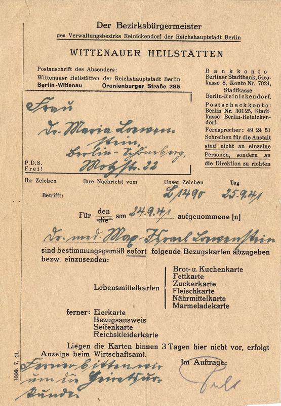 Letter of Admittance to Wittenauer Sanatorium