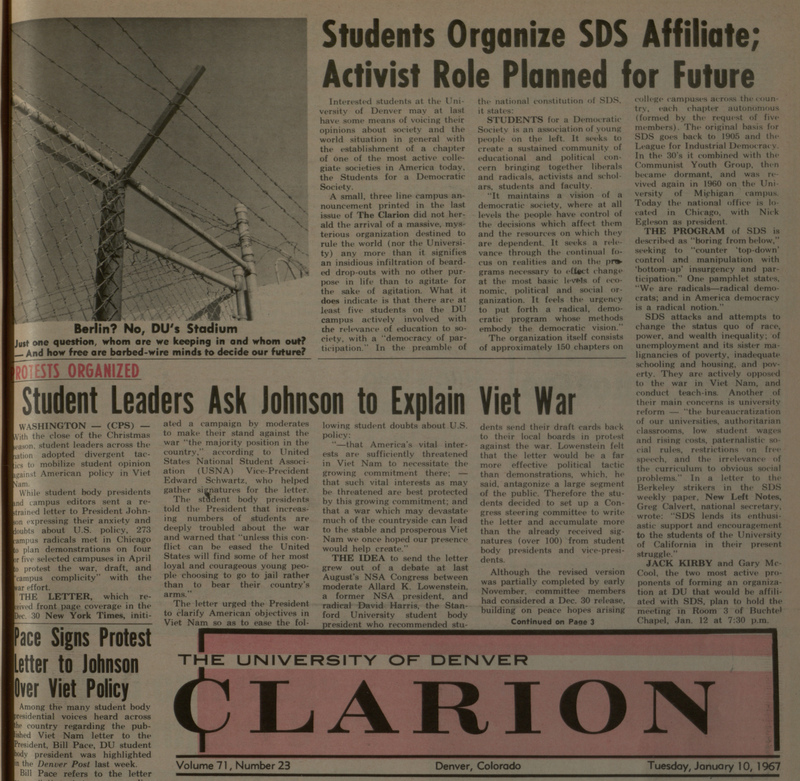Students of a Democratic Society, DU Clarion January 10, 1967